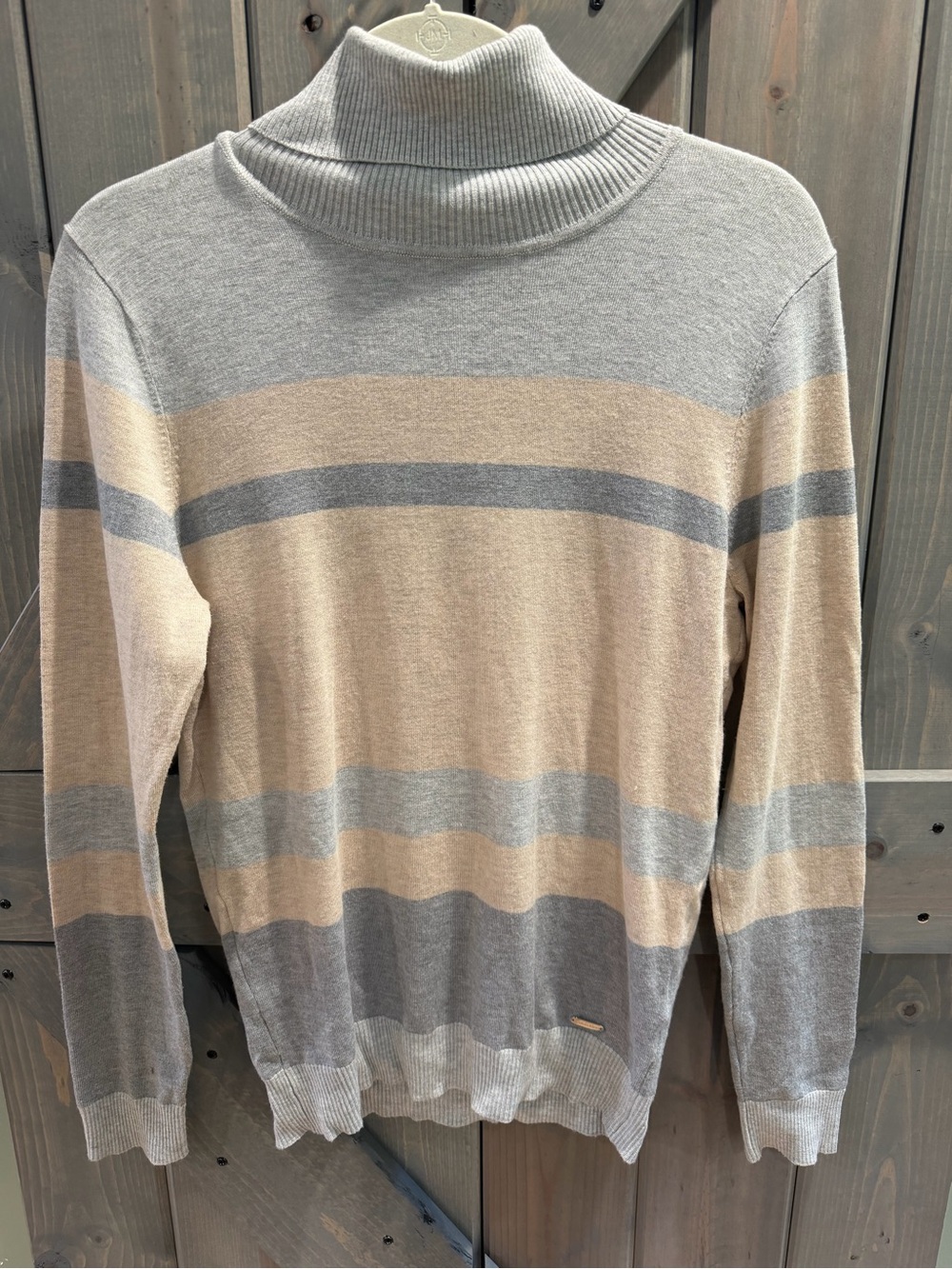 Calvin Klein Women’s Medium Striped Turtleneck Sweater Gray Beige Rayon Blend